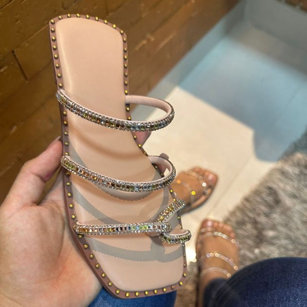 Sandália Feminina Rasteirinha Sola Cravinho Modelo 056 com Stras em Oferta na Shopee