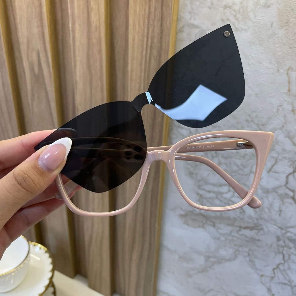 Armação 2 em1 Feminina Adicione seu grau, Lente Separadamente Modelo Clip On Gatinho Maju