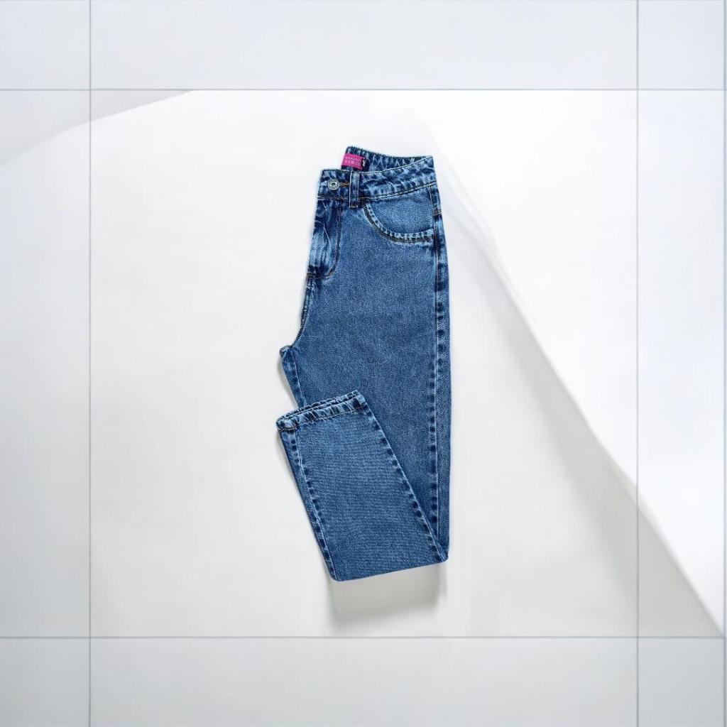 Calça MOM Jeans Feminina Marmorizada 100% Algodão Cintura Alta