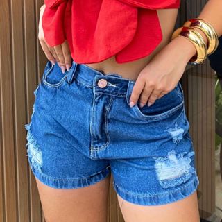 SHORT JEANS FEMININO CINTURA ALTA DESTROYED COM BARRA ESCURO MODA BLOGUEIRA em Oferta na Shopee
