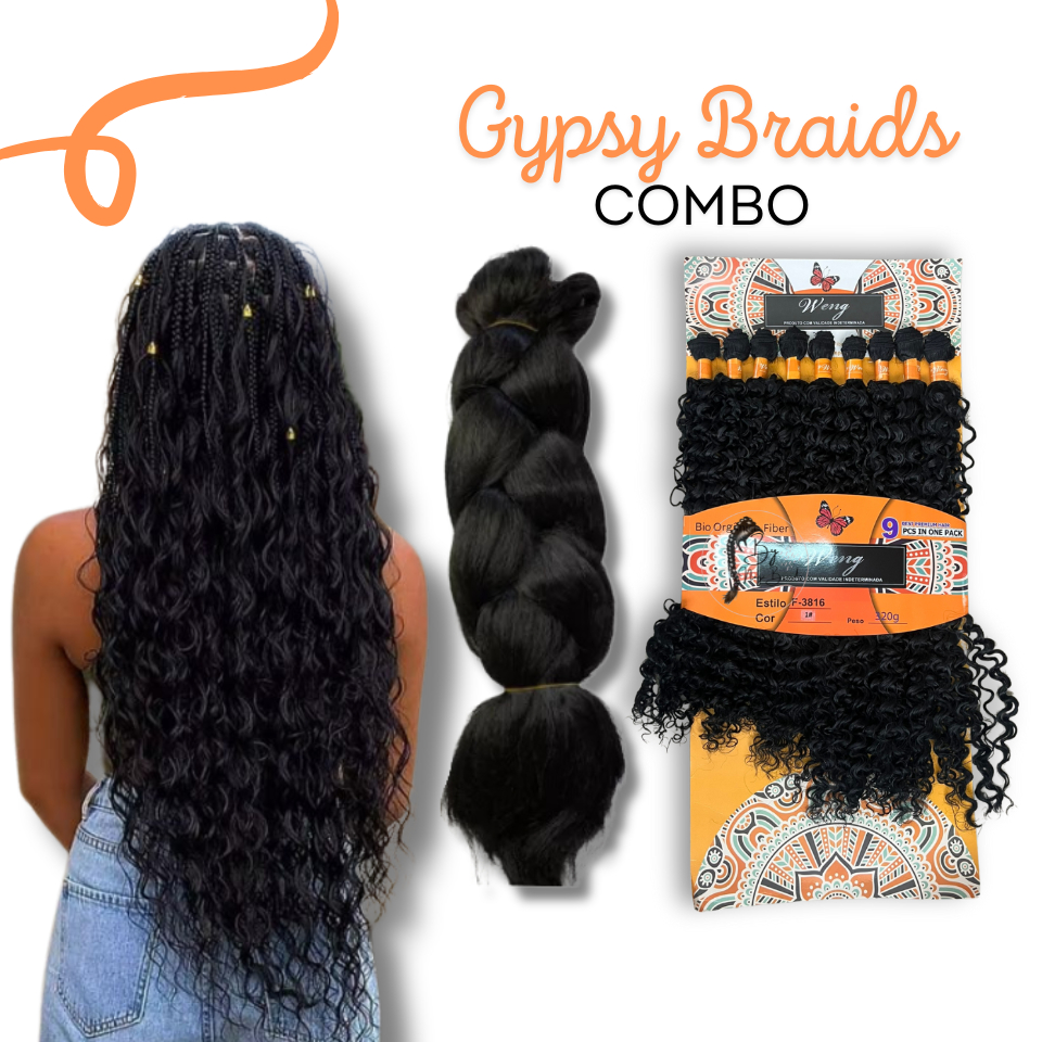 Kit Gypsy Jumbo + Cabelo Cacheado F-3816 Cabelo Organico p/ Trança Entrelace Gypsy Braids Weng