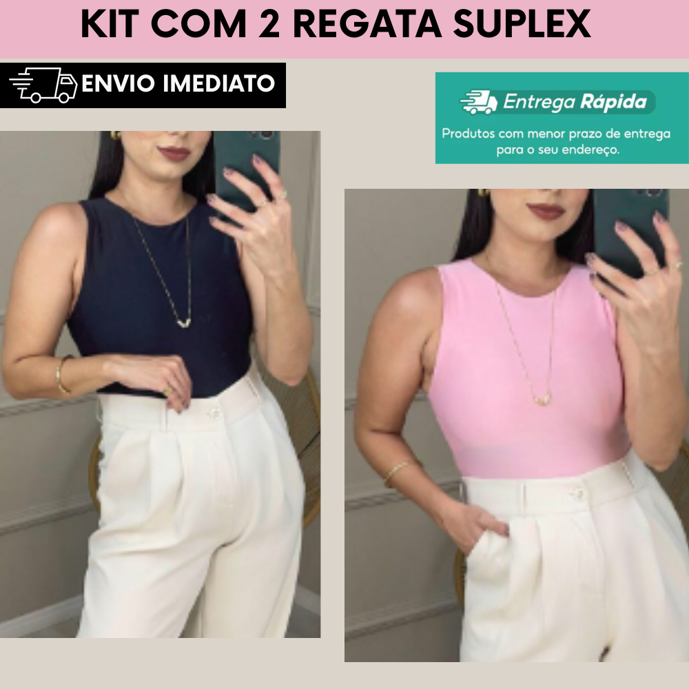 Kit com 2 Blusa Regata Feminina Alça Larga Grossa Suplex Tendência Regata Lisa Básica Elegante