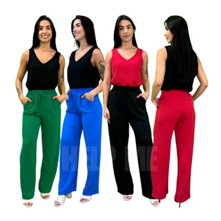 Calça Pantalona Feminina Com Bolso Cintura Alta