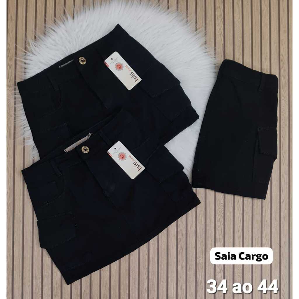 Saia jeans cargo preta e bege sem lycra em Oferta na Shopee
