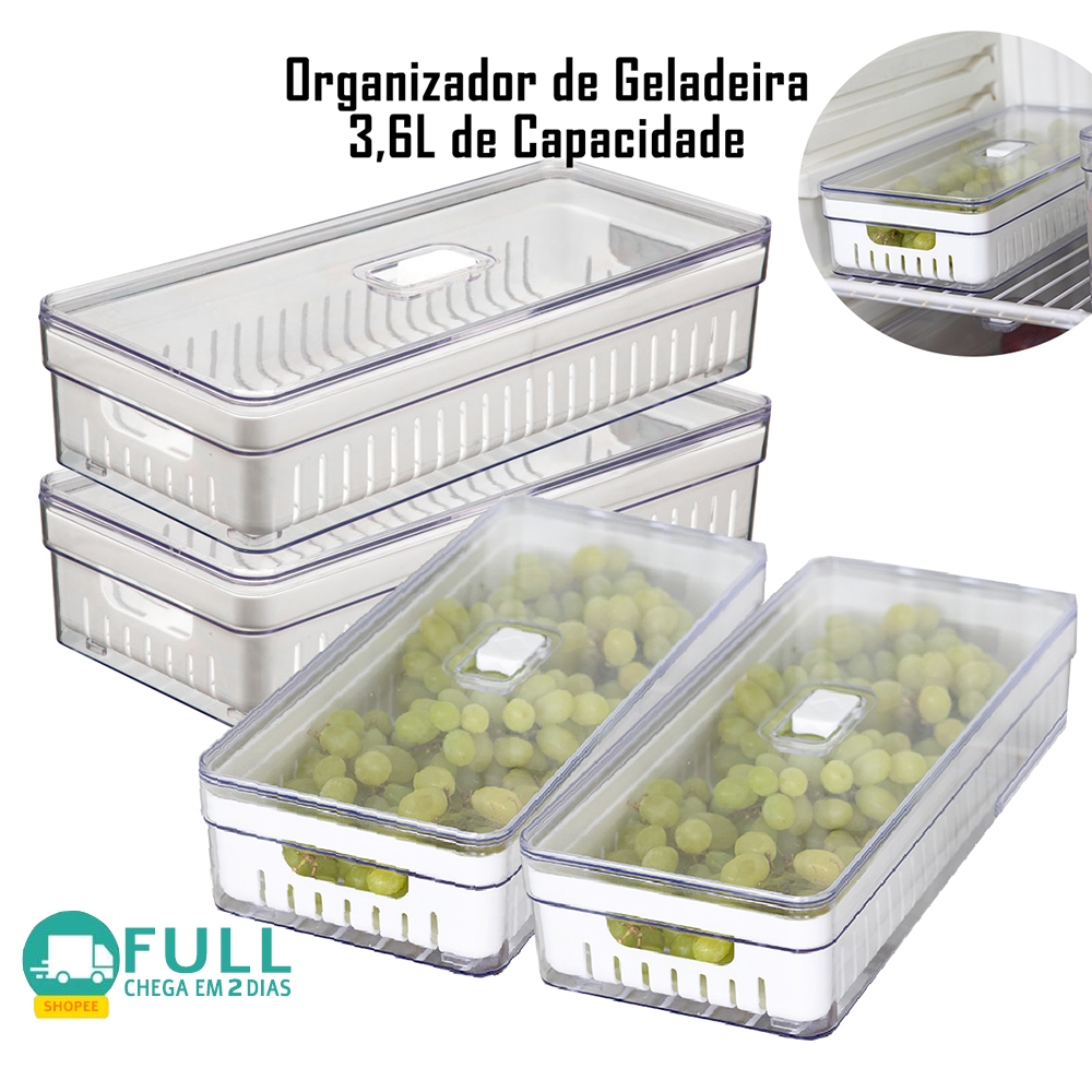 Kit 4 Organizador de Geladeira 3,6 Litros Cesto Com Tampa Multiuso Alimentos Verduras e Ve...