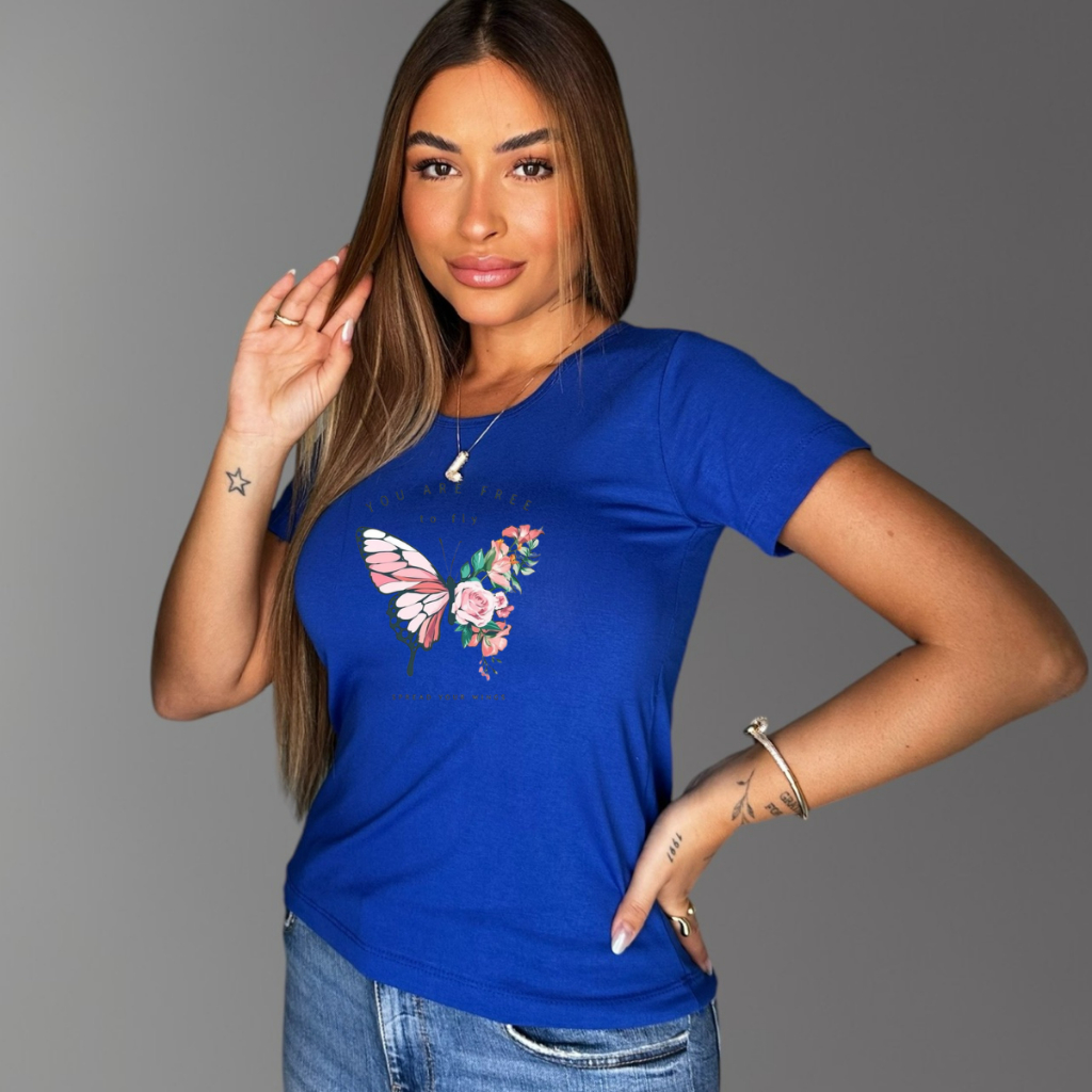 Blusa feminina estampada borboleta baby look