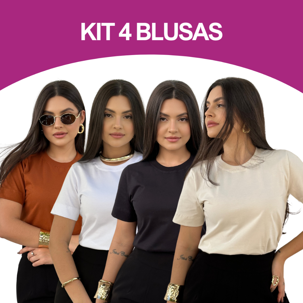 KIT 4 T-SHIRT GOLA O FEMININA BLUSA FEMININA COM MANGA MENEGOTTI 100% ALGODÃO