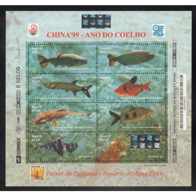 Bloco Peixes - China 99 - selo de carta - filatelia -  NOVO - ano 1999 - catálogo RHM B113