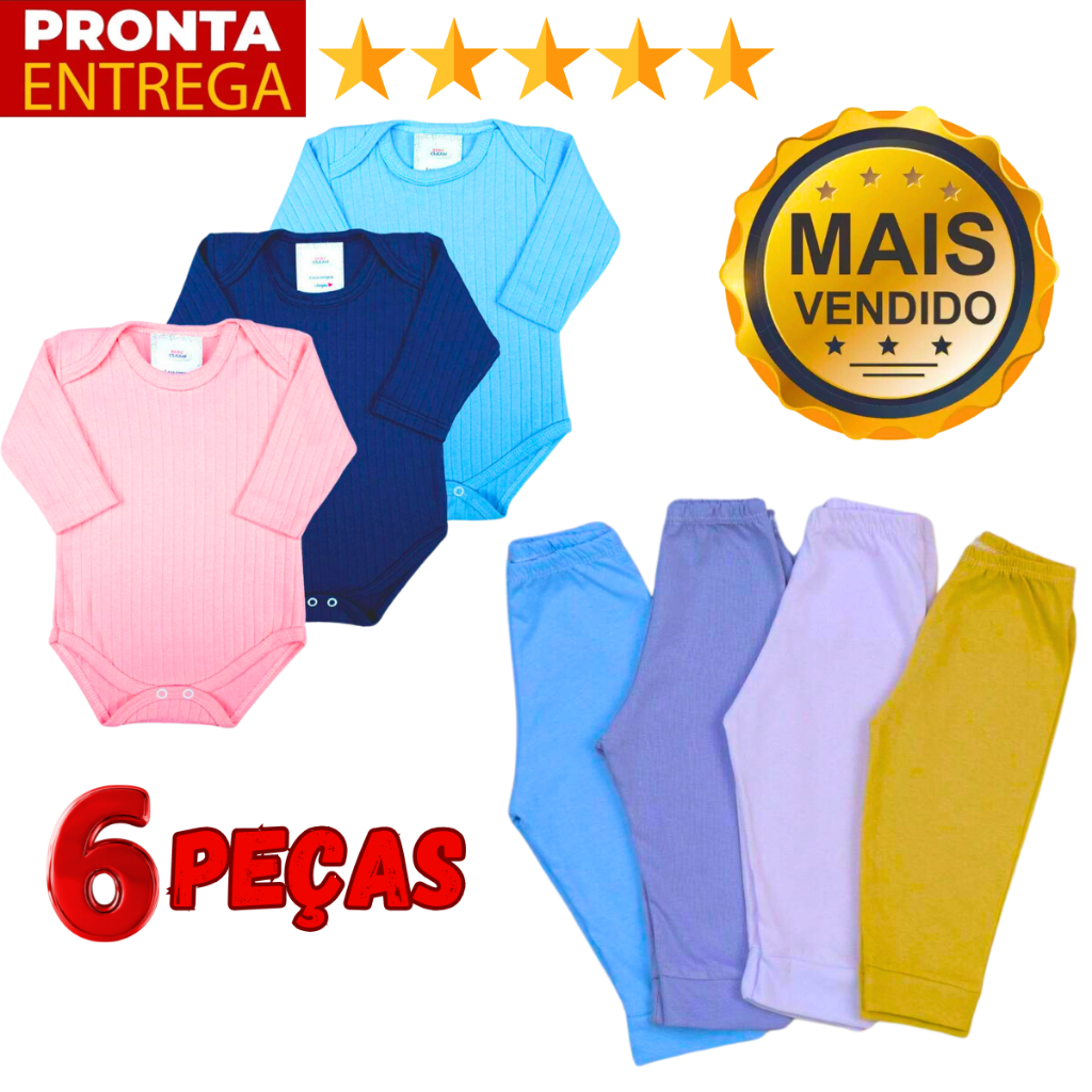 Kit 6 Peças Conjunto Body Canelado Manga Longa E Calça Mijão De Bebê Menino Menina em Oferta na Shopee