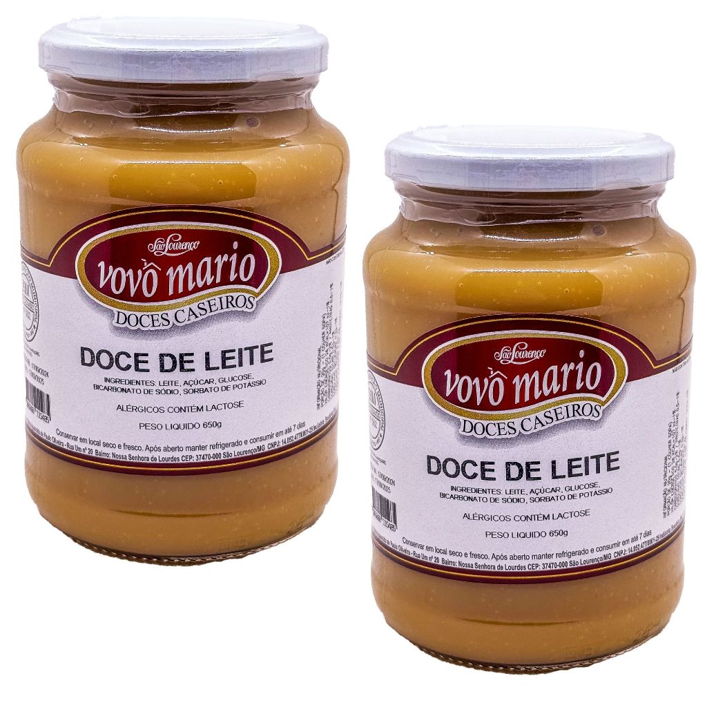 Doce de Leite Puro Tradicional com Açúcar Sem Glúten Pote 650g​ Doce Vovô Mário Kit com 2 unidades