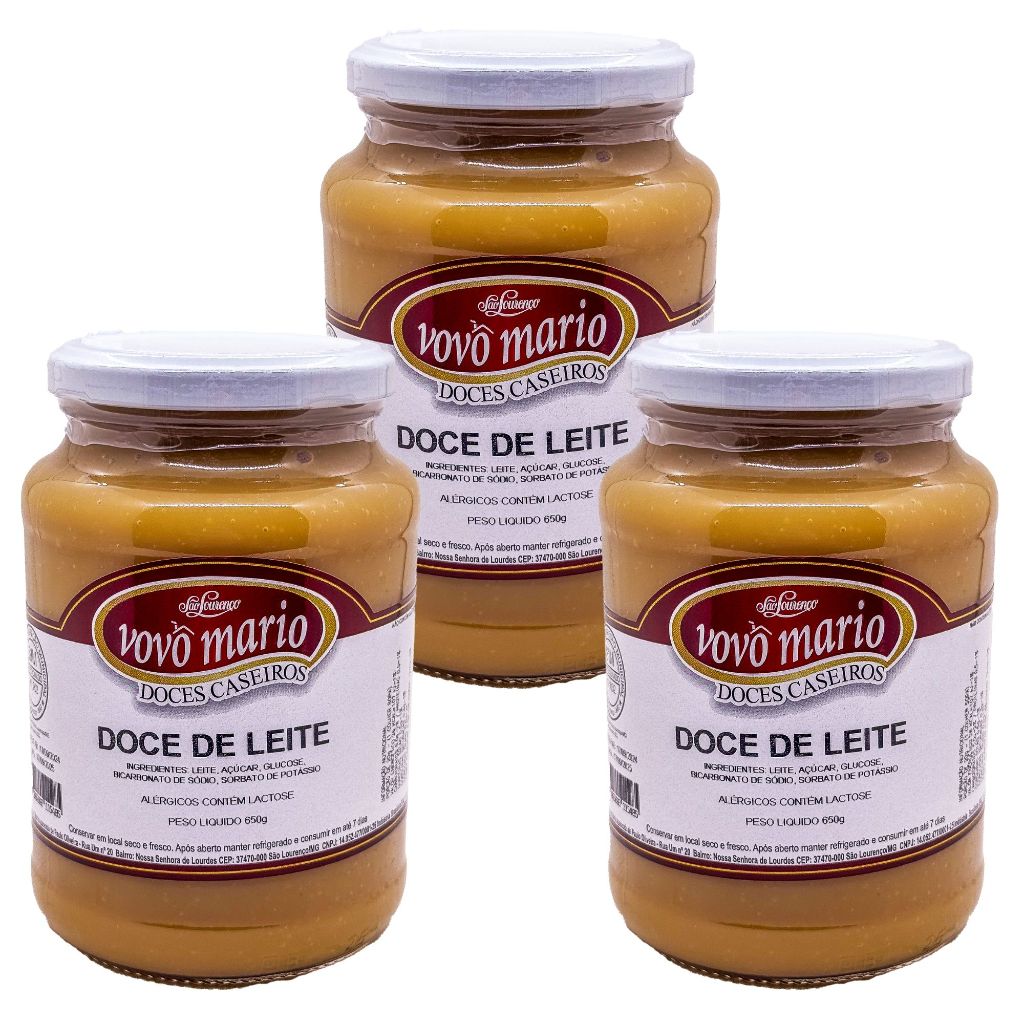 Doce de Leite Puro Tradicional com Açúcar Sem Glúten Pote 650g​ Doce Vovô Mário Kit com 3 unidades