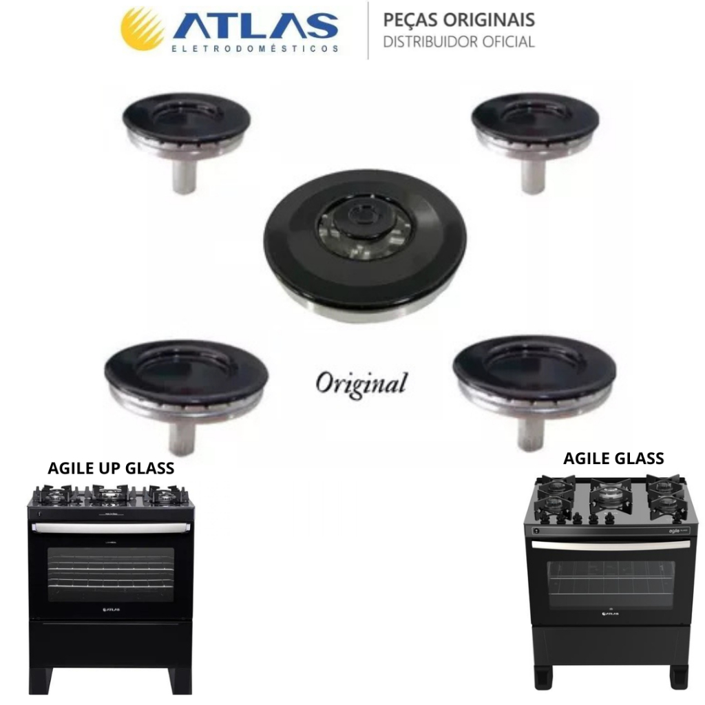 KIT QUEIMADORES E ESPALHADORES FOGÃO ATLAS AGILE UP E AGILE GLASS 5 BOCAS PEÇAS TOTALMENTE ORIGINAIS