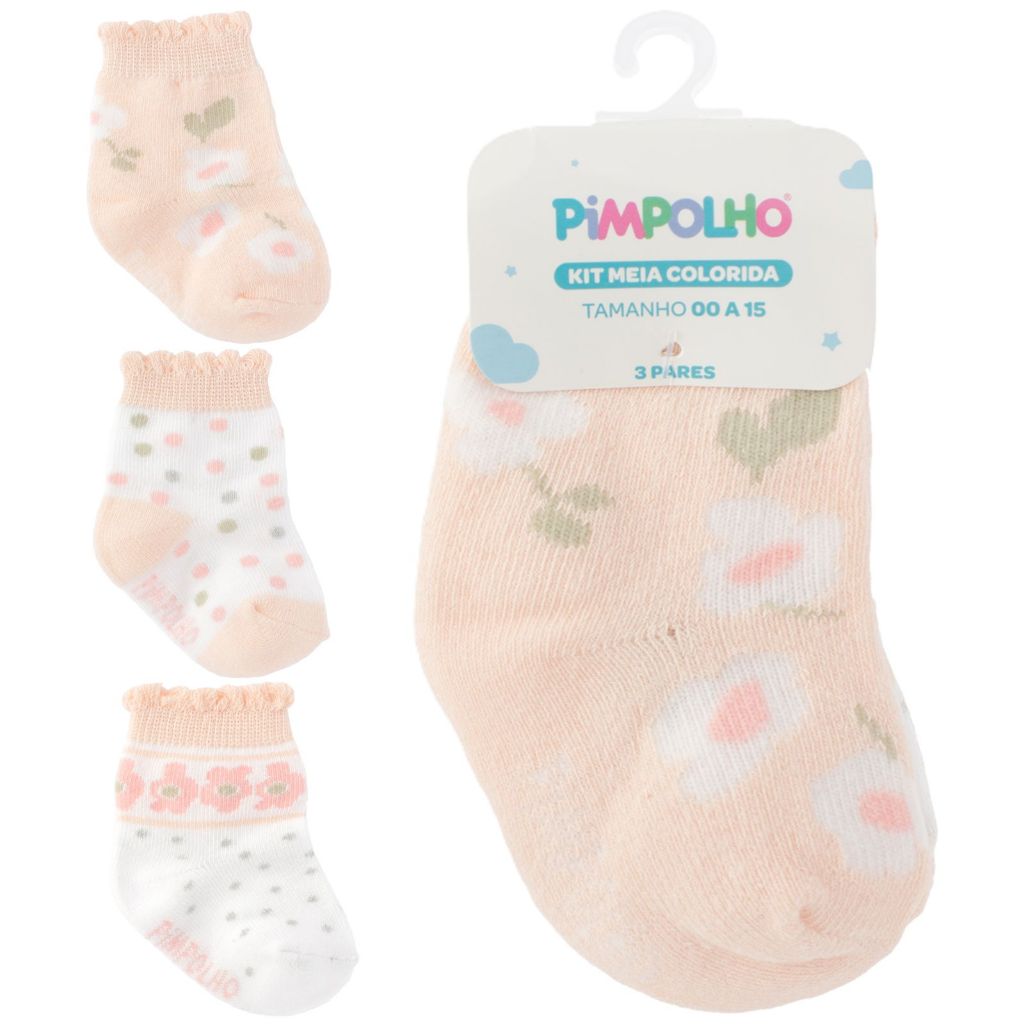 Kit 3 Pares Meia Pimpolho Algodão Antiderrapante Bebê Infantil Feminina Menina Recém Nascido RN 0-25