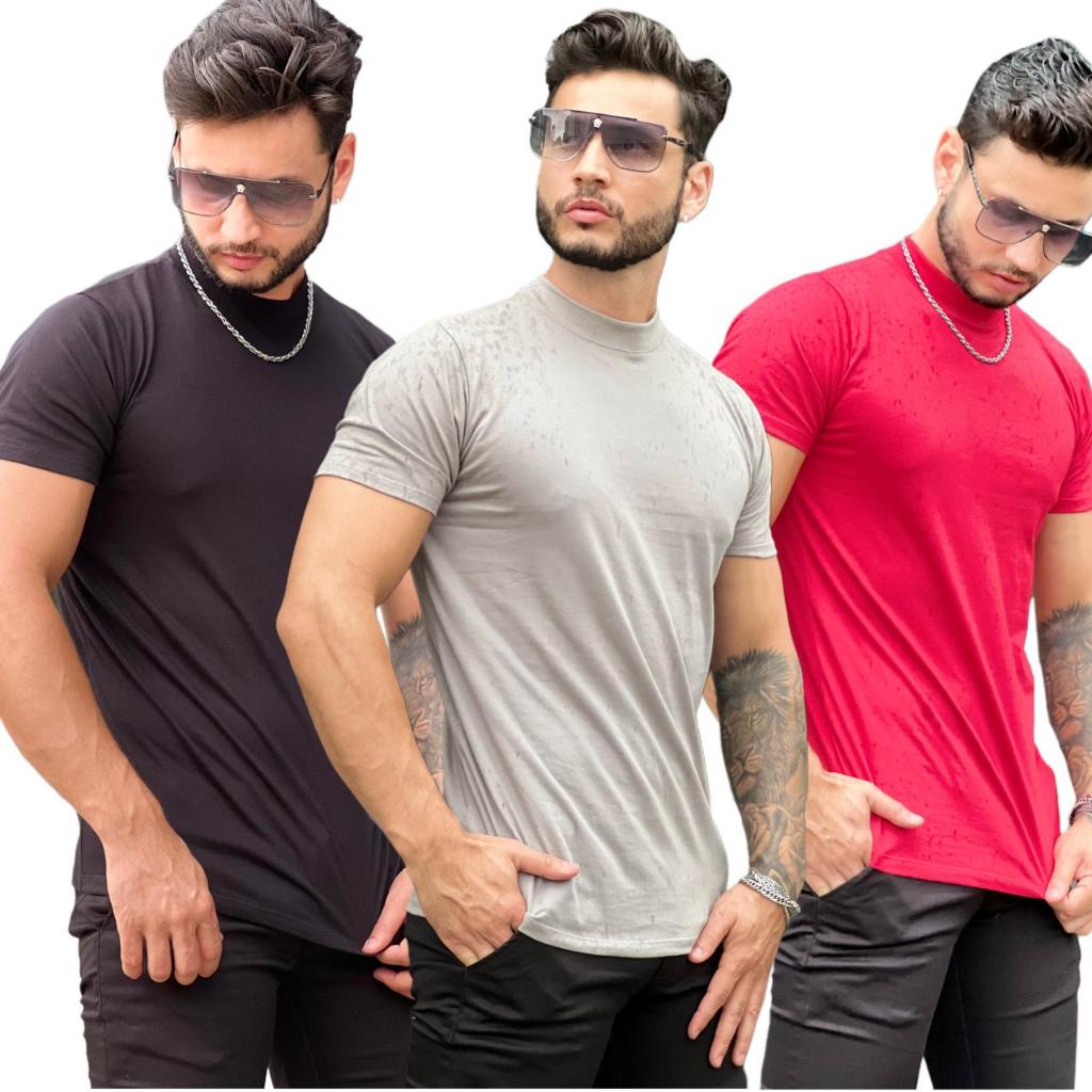 Camiseta Masculina Básica Meia gola alta Algodão Premium