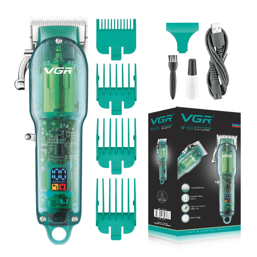 Cortador De Cabelo Profissional Vgr Oiv-660 Kit 4 Pentes Transparente Cabelo Barbeiro Display LCD em Oferta na Shopee
