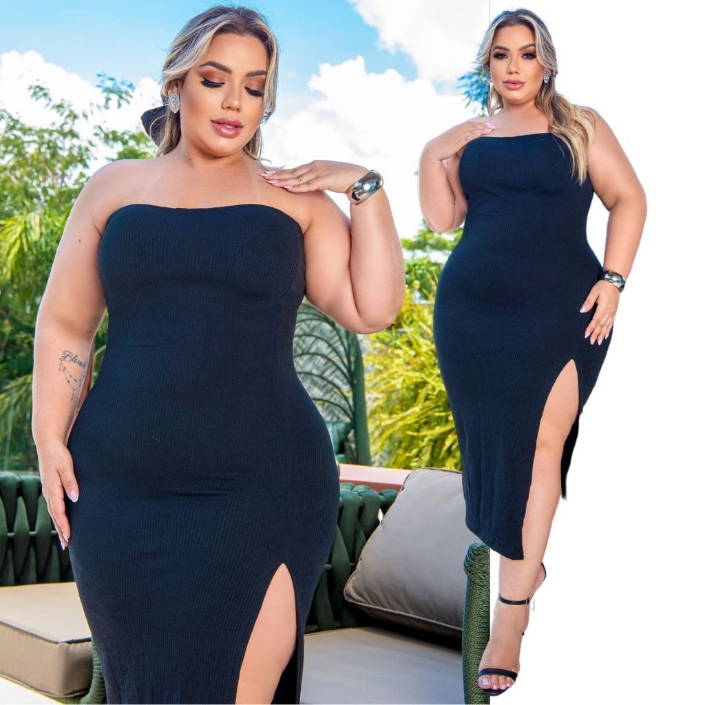 Vestido Plus Size Midi Feminino com Fenda Lateral