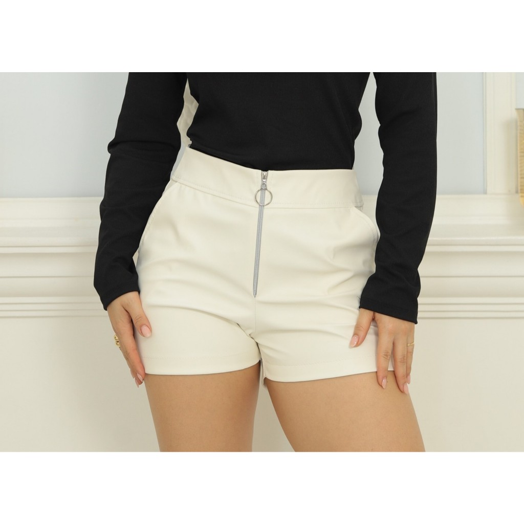 Short feminino couro ecológico com zíper frontal em Oferta na Shopee