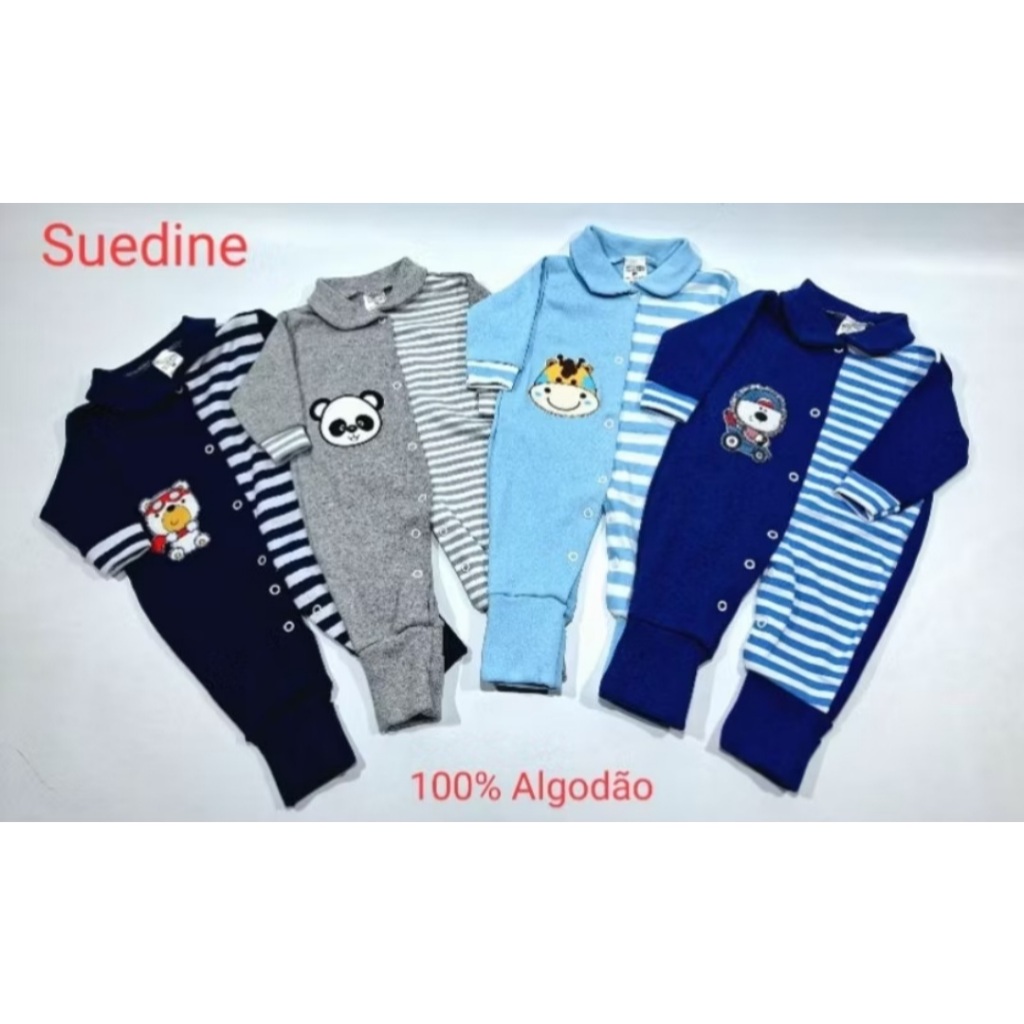 Macacão bebê suedine com detalhe listrado- Pé Reversivel - Kit Com 4 PÇS em Oferta na Shopee