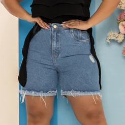 Short Jeans Bermudinha Plus Size Barra Feita Rasgado Moda