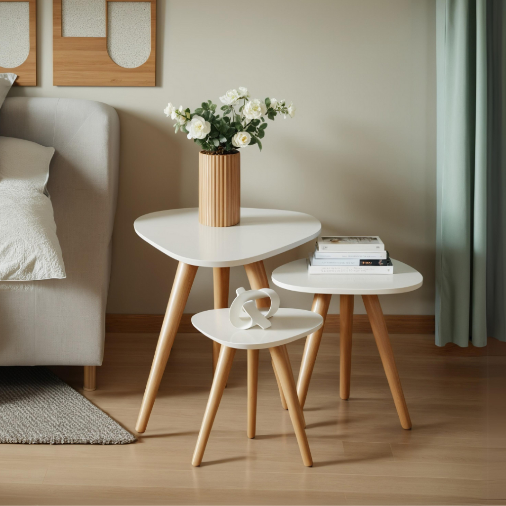 Trio de Mesinhas Lateral Sala Canto Pé Palito Tampo Orgânico Retro Decorativa Escritorio