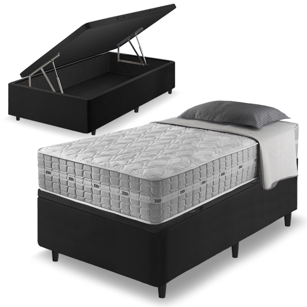 Cama Box com Baú Preta + Colchão Solteiro Twin Size Molas Ensacadas Alabama 96x203x66cm - Home & Living