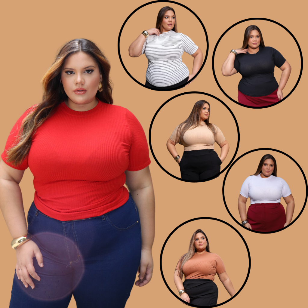 Blusa Canelado Plus Size Feminina Gola Alta Camiseta Premium Estilosa Malha Elegante - Women Clothes