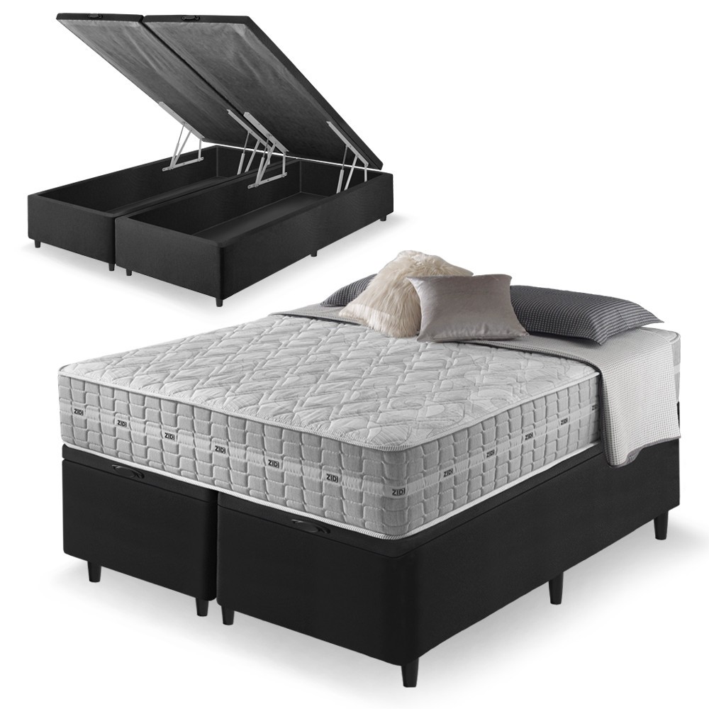 Cama Box com Baú Queen Size Preta + Colchão Molas Ensacadas Alabama 158x198x66cm em Oferta na Shopee