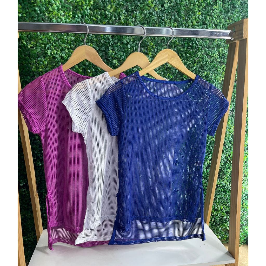 Kit 3 Blusas Tela Arrastão Plus Size Feminina Roupa De Academia Fitness De malhar Treinar Dançar Com Furinhos