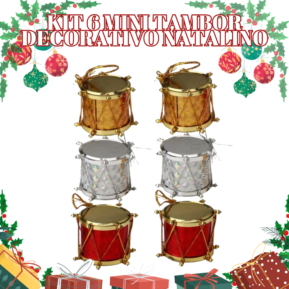 KIT 6 Mini Tambor 4CM Decorativo Vermelho Dourado Ou Prata Decoração Natalinas Para Arvores De Natal