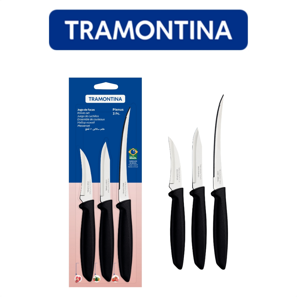 Jogo de Facas Preto Plenus 3 Peças Aço Inox com Cortador de Tomate Tramontina - Home & Living