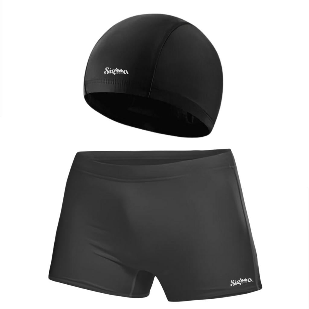 Kit Adulto Sunga Boxer Bolso com Touca Natação Proteção UV+ Short Box Liso Forrado Masculino Cadarço