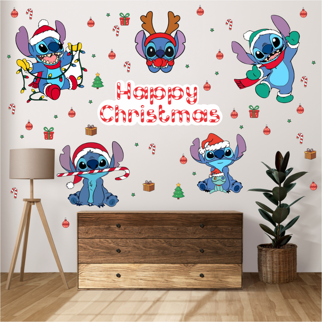 Adesivo Parede Stitch Natal Festa  Infantil Quarto Decoração Vitrine Final de Ano
