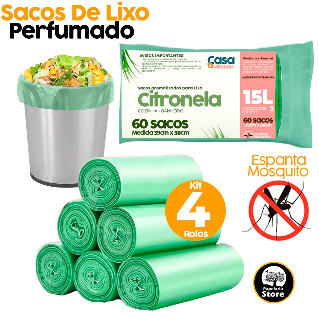 Kit Sacos de Lixo 15 Litros Perfumado Cozinha Pia Banheiro Anti Odores Citronela 60 Unidades Rolo