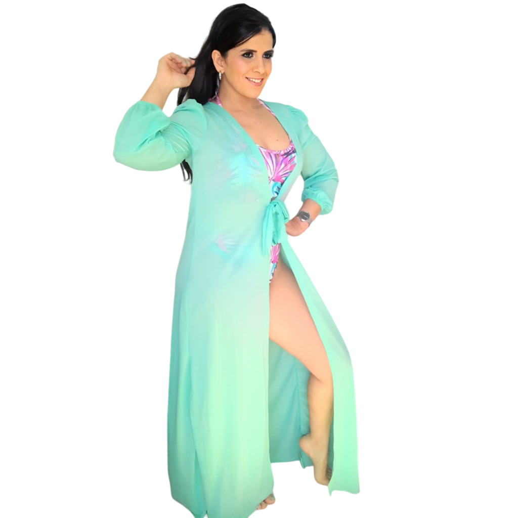Saída de Praia Kimono Longo Mnaga Longa Bufante De Amarrar Transparente Tecido Crepinho