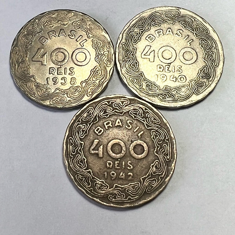 Lote 3 Moedas 400 Réis 1938 1940 e 1942 Níquel Rosa