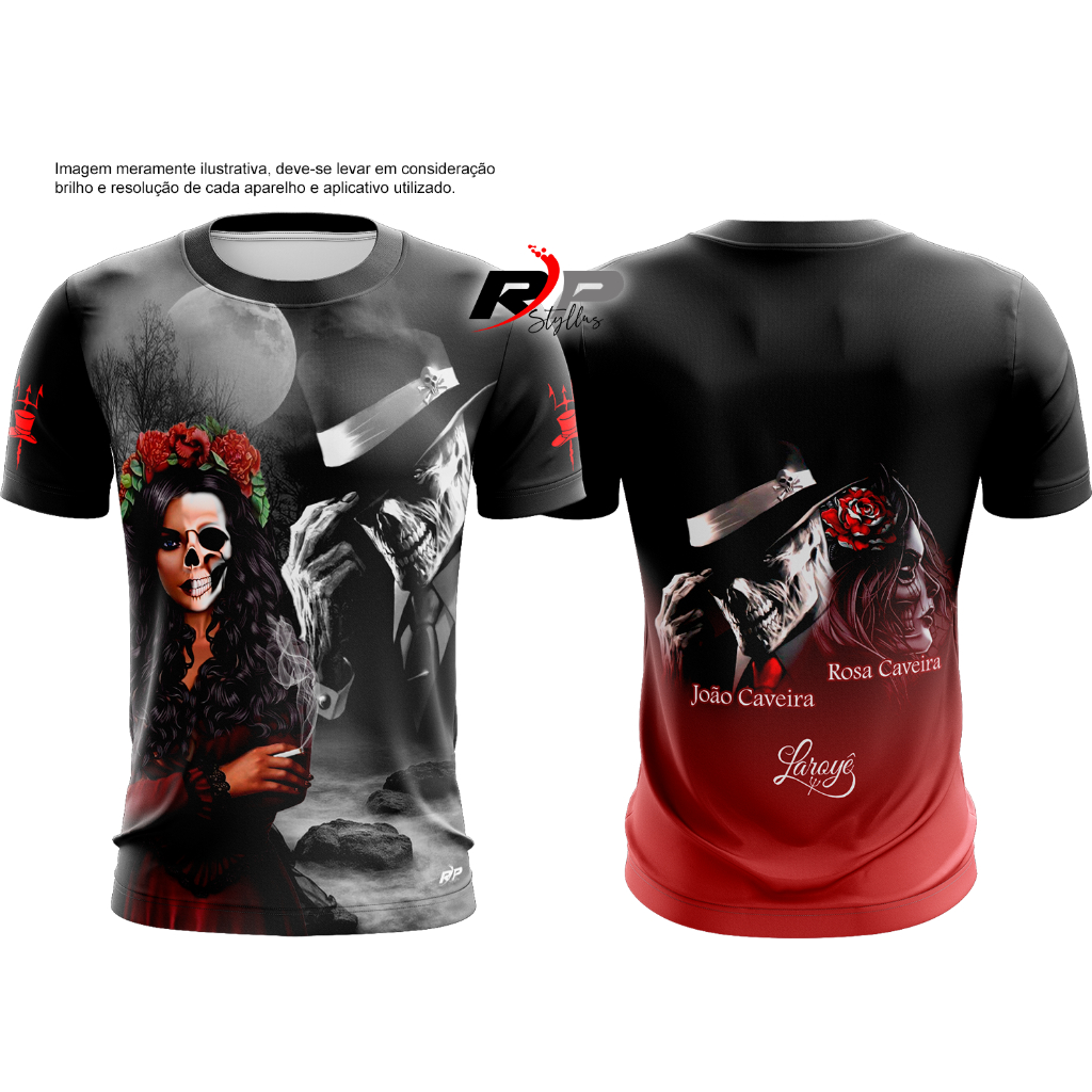 RP Styllus camiseta religiosa Exu João caveira e Rosa caveira cor preta manga curta poliéster dryfit