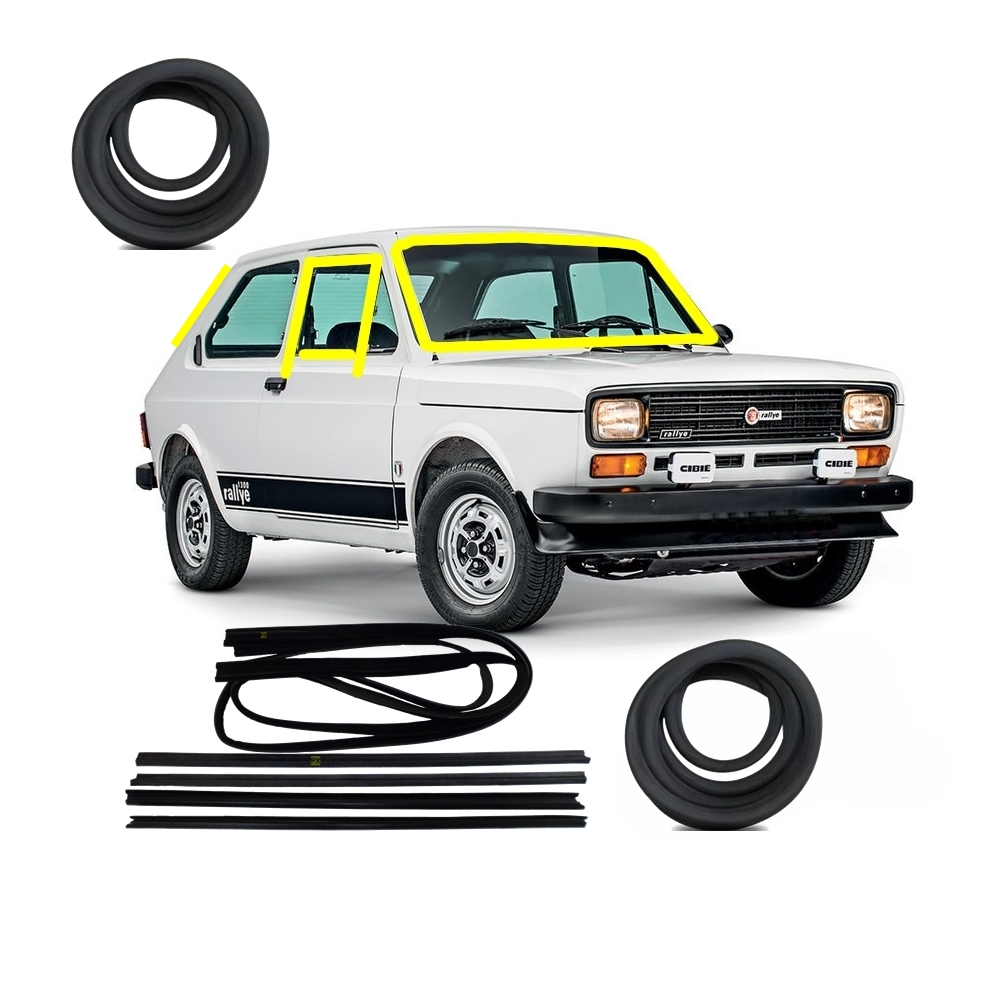 Kit Borracha vidro parabrisa + vigia + kit canaletas c/ pestanas vidro da porta fiat 147 1976 até 1980
