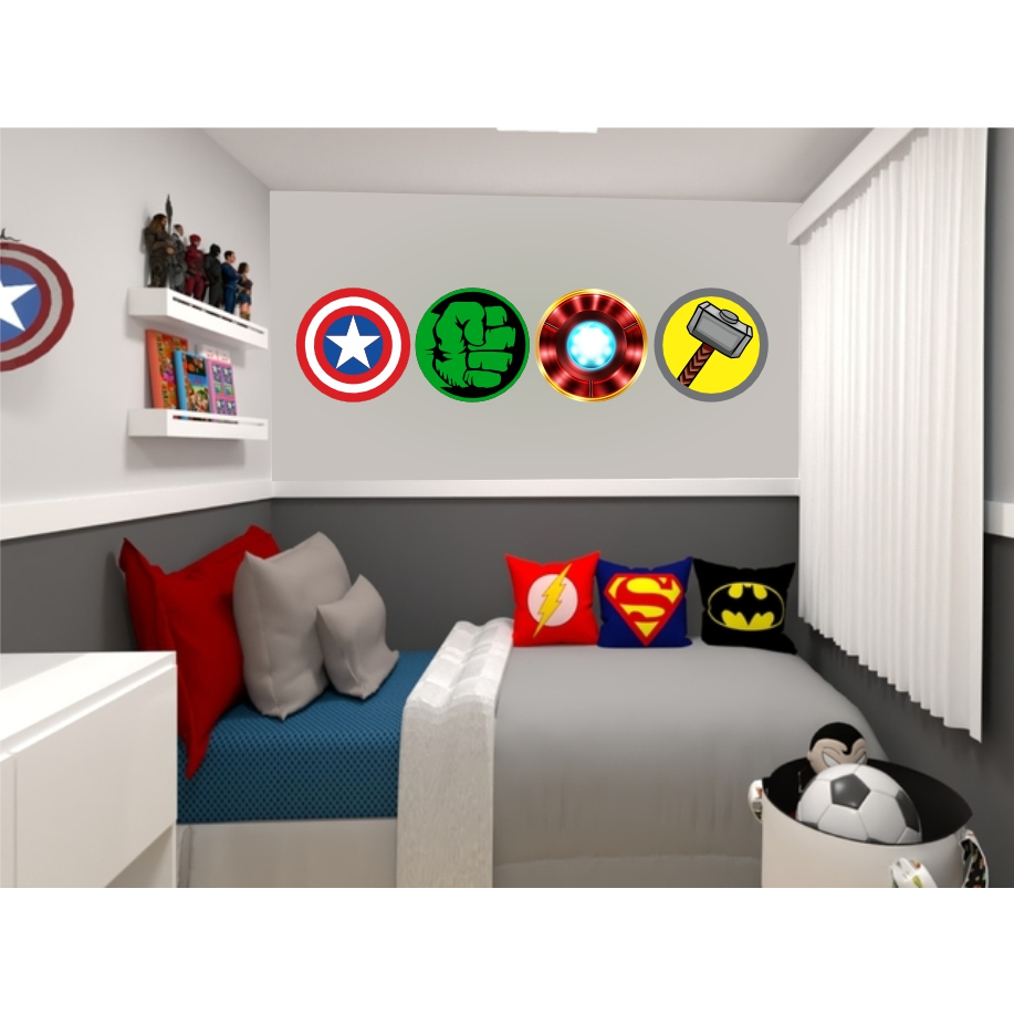 Kit Adesivo de Parede Herois Escudos Vingadores Marvel- Papel de Parede Infantil - Decoração Quarto de Menino