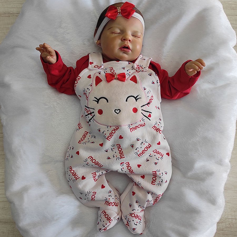 Roupa Macacão Manga Longa Kids Menina Bebê Jardineira com Body Manga Longa Bordado Cat Maya Vermelha