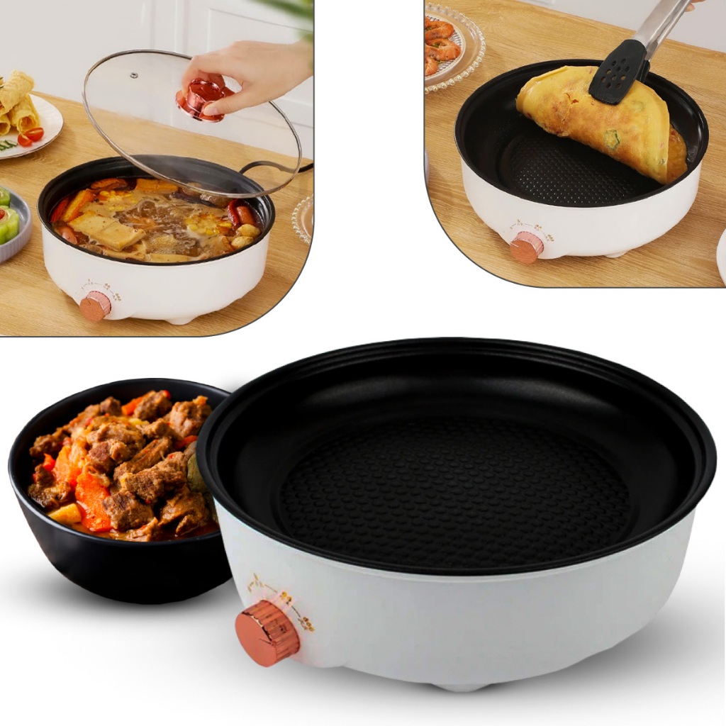 Frigideira Elétrica Assadeira Panela 26cm Antiaderente 220v Com Tampa De Vidro Cozinha Panela Multiuso