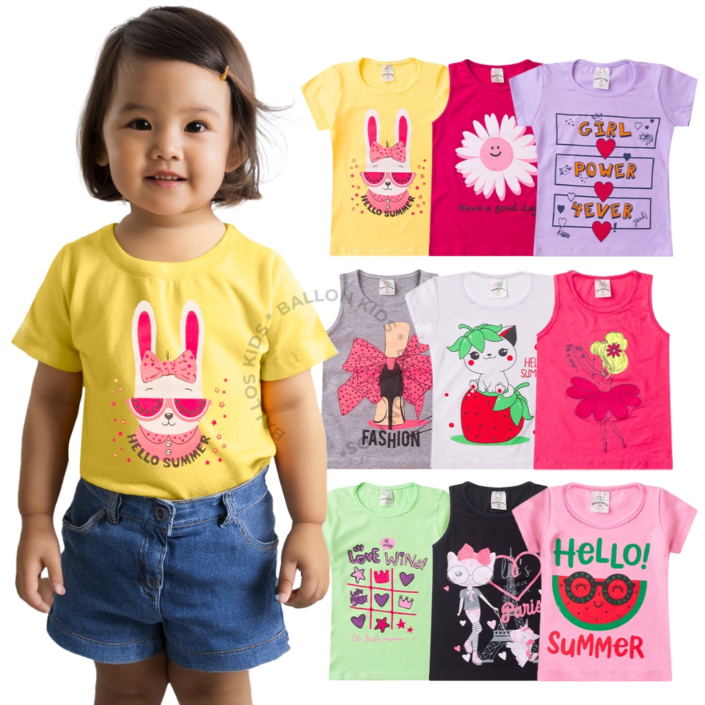 Kit 2 Camisetas Com Manga Curta Verão Infantil Menina 4 Peças Sortido Veste do 1 ao 14