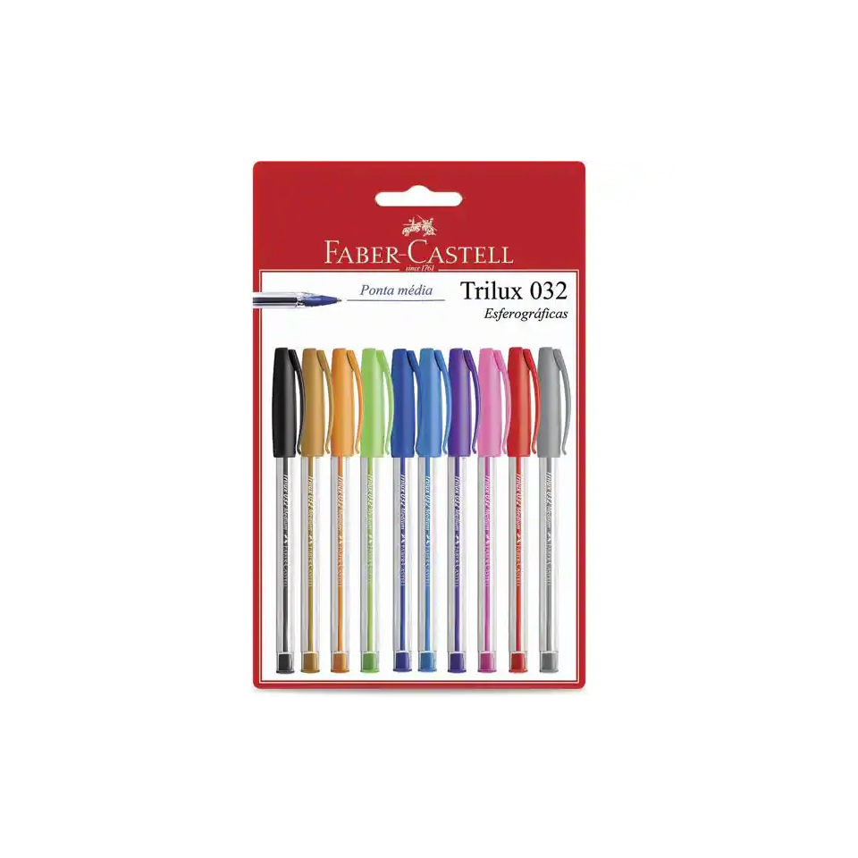 Caneta Esferográfica Trilux 032 1.0mm Ponta Média Faber-Castell BT 10 Cores em Oferta na Shopee