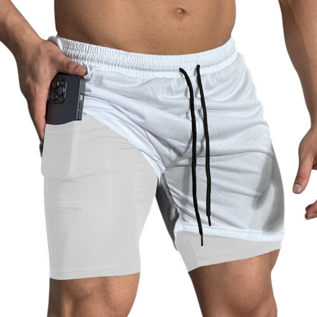 Short Térmico 2 em 1 com Bolso para Celular e Porta-Toalha Bermuda Dry Fit Treino Academia