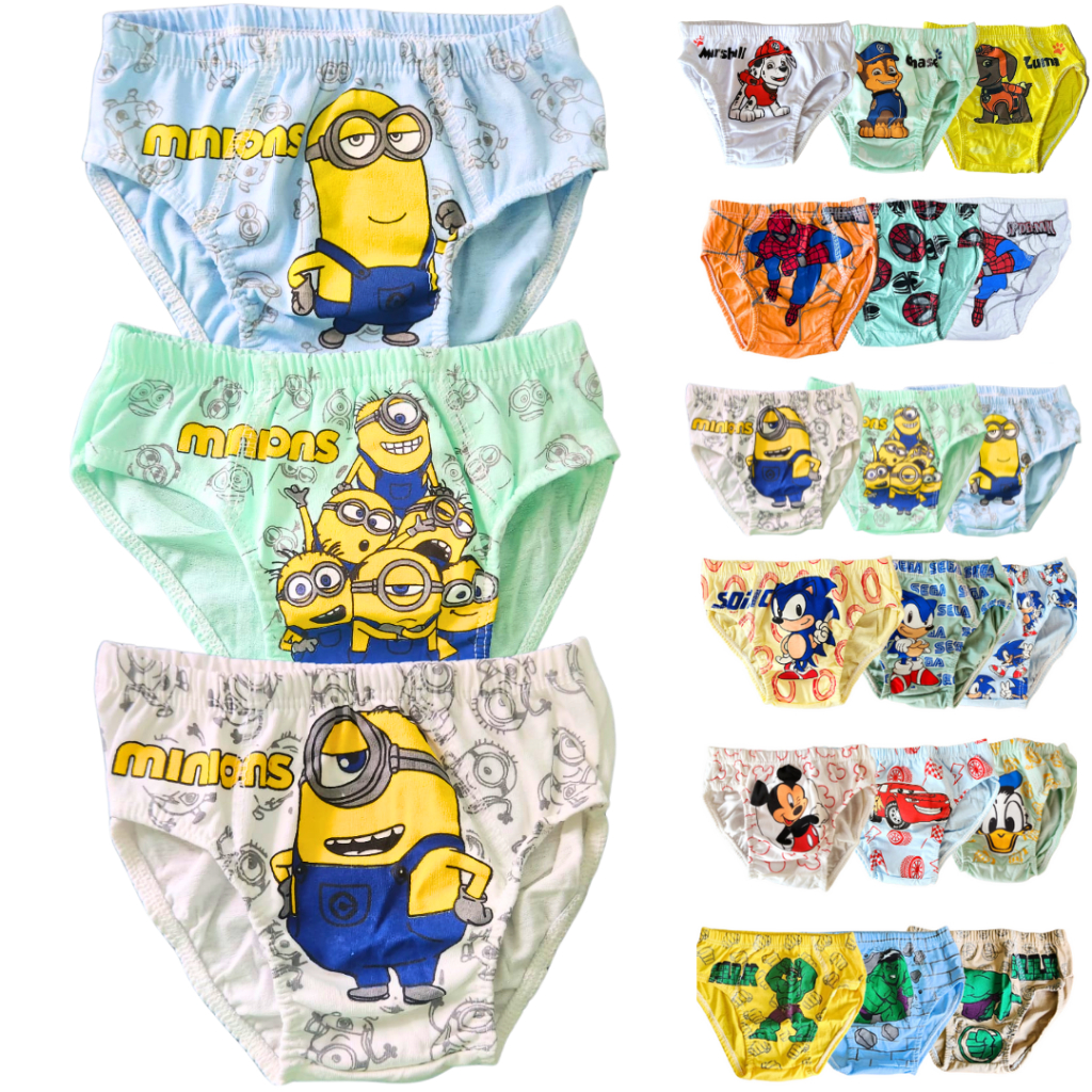 Kit Cuecas Bebê Infantil Personagens 100% Algodão - Tamanho P - M - G Veste de 1 a 8 Anos - 3 unidades