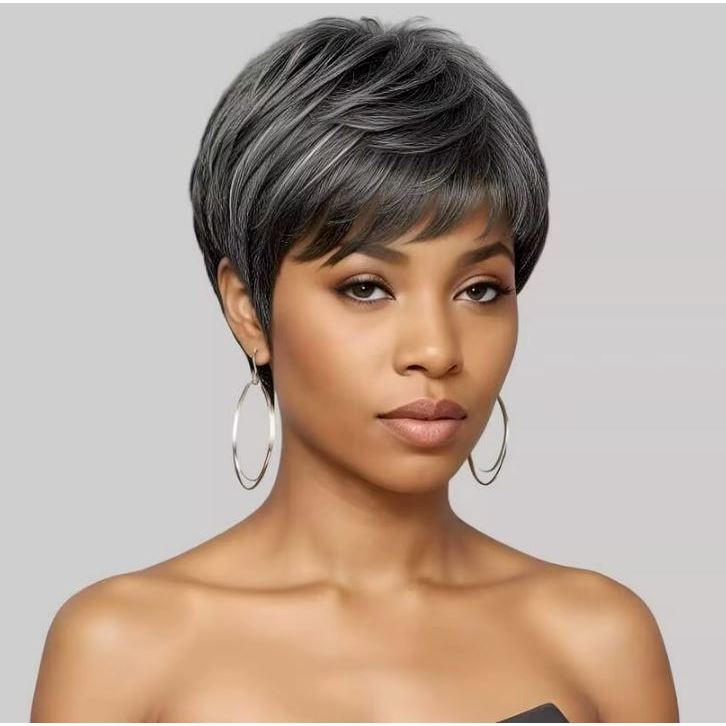 Peruca Corte Pixie Curta Bio Organica Cinza Misto Natural em Oferta na Shopee