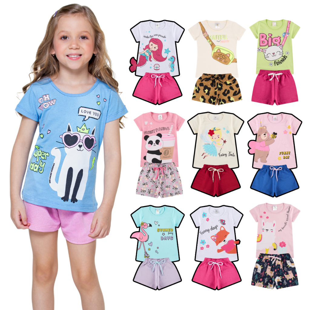 Kit Sortido Interativo 10 Peças de Roupas Infantil Menina Verão (5 Camisetas + 5 Bermudas) Kit 5 Conjuntos Infantil em Oferta na Shopee