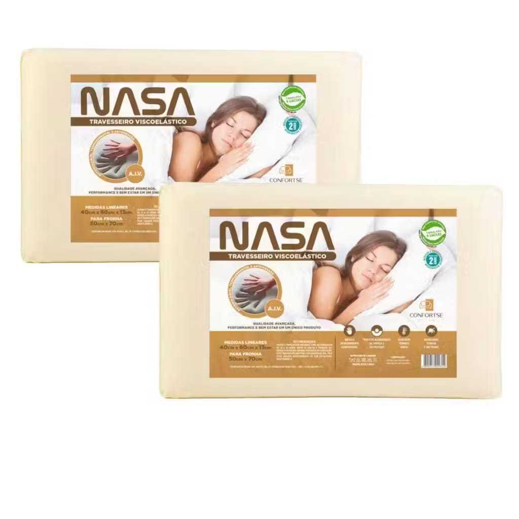 Kit Com 2 Travesseiro Nasa-X Espuma Premium Original NASA Viscoélastico Alto Antialérgico Antiácaro Ortopédico