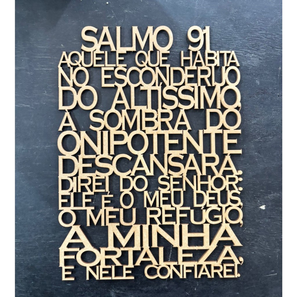 Painel Quadro Salmo 91 Em Mdf Crú Vazado 27x20 Cm Mandala