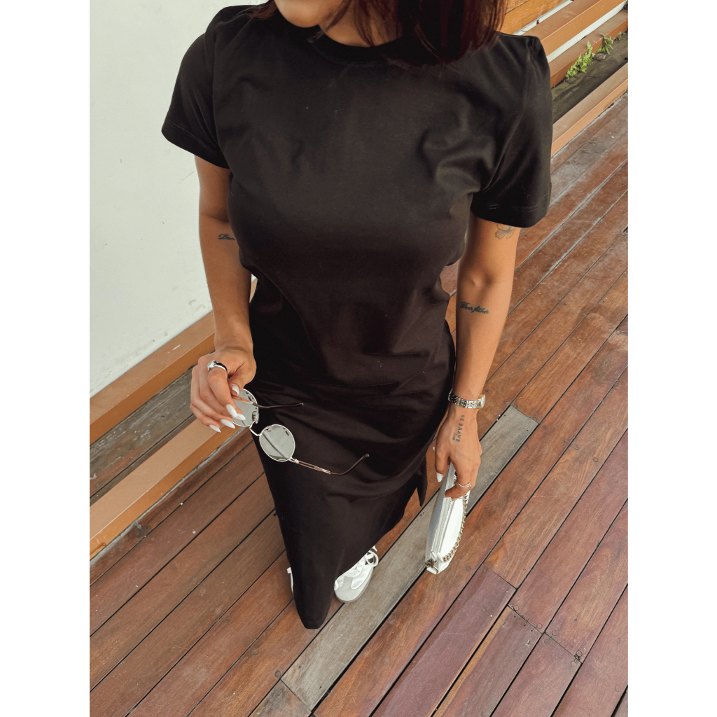 Vestido Feminino Midi Básico Gola Redonda Liso 100% Algodão em Oferta na Shopee