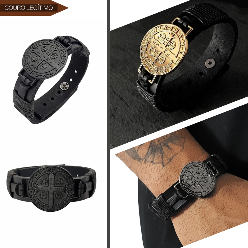 Pulseira Masculina De Couro Religiosa São Bento  Preto Gospel Ajustável